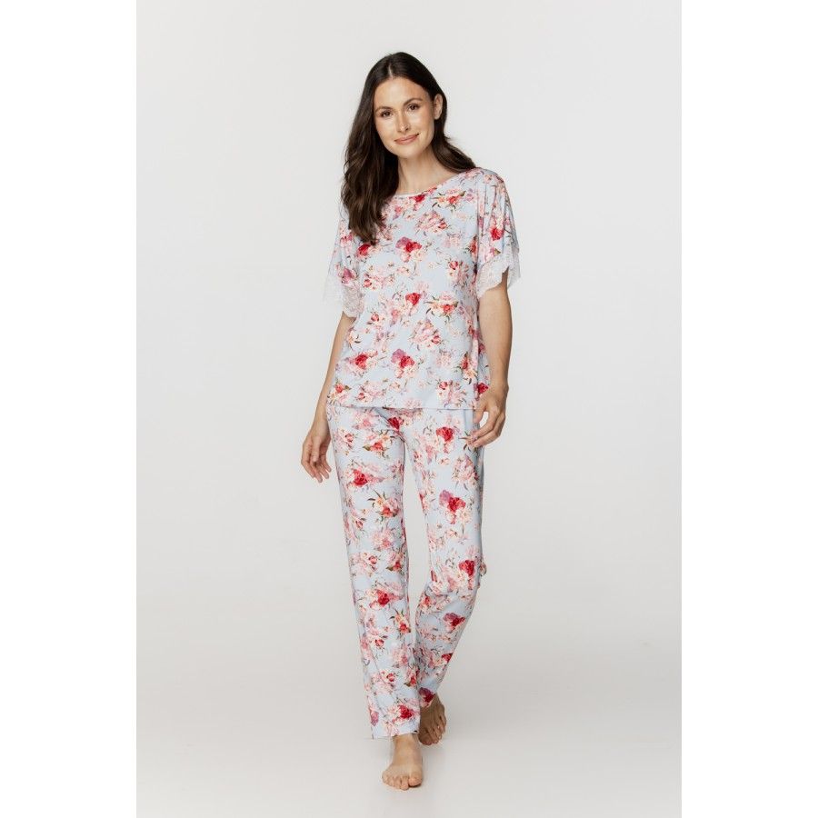 Für Damen: Zweiteiliger Pyjama aus Micromodal mit Blumenprint auf hellblauem Grund, kurze Ärmel