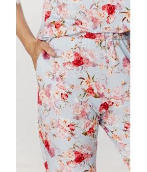 Für Damen: Zweiteiliger Pyjama aus Micromodal mit Blumenprint auf hellblauem Grund, kurze Ärmel