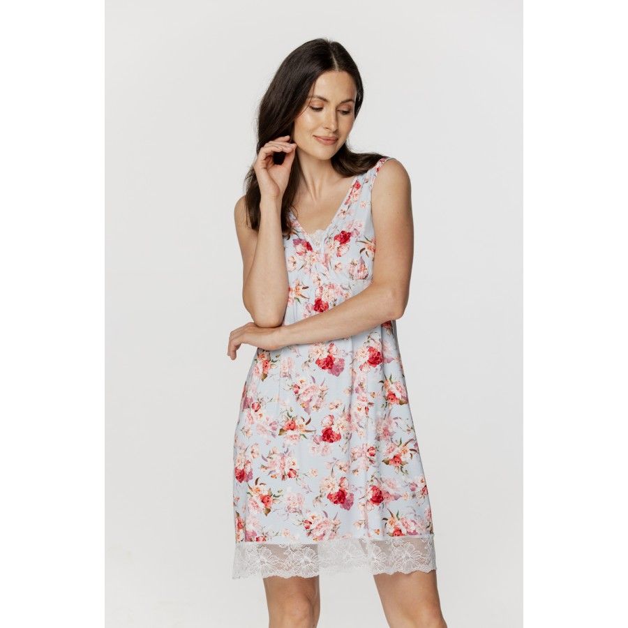 Für Damen: Negligé aus Micromodal mit Blumenprint auf hellblauem Grund und Spitze