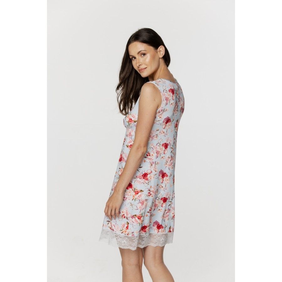 Ladies negligee in micromodal fabric with a floral print on a light blue background, and lace