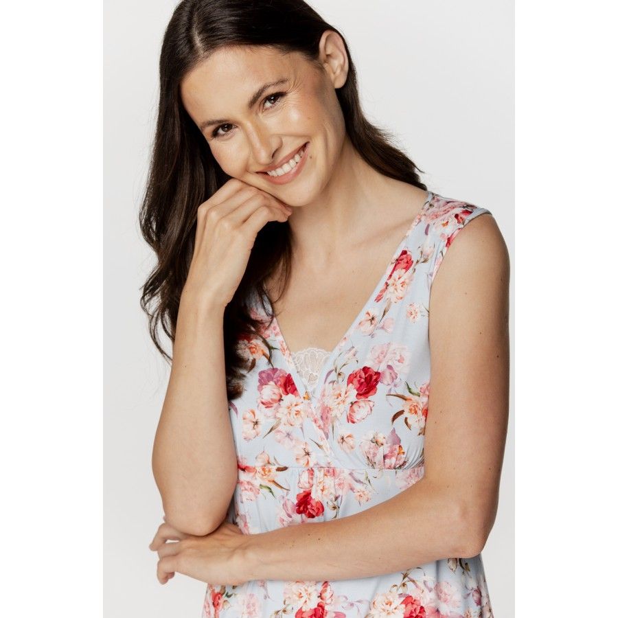 Ladies negligee in micromodal fabric with a floral print on a light blue background, and lace