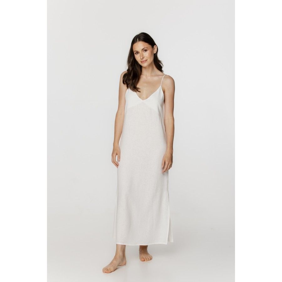 Longue chemise de nuit ample en lin et rayonne fines bretelles