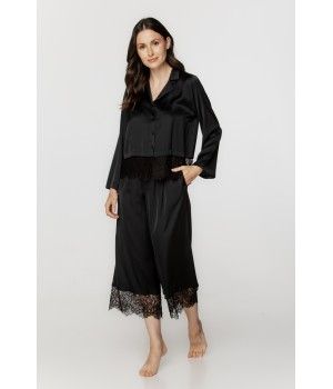 Ensemble pyjama femme en satin doux et dentelle noire, pantalon ¾