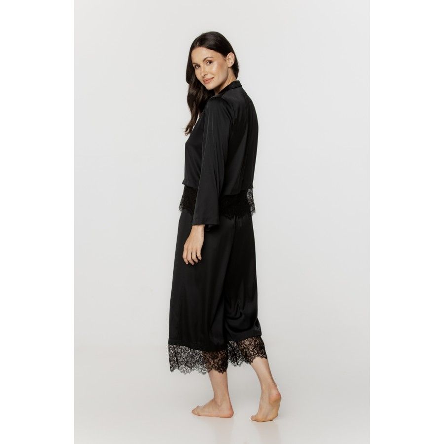 Ensemble pyjama femme en satin doux et dentelle noire, pantalon ¾