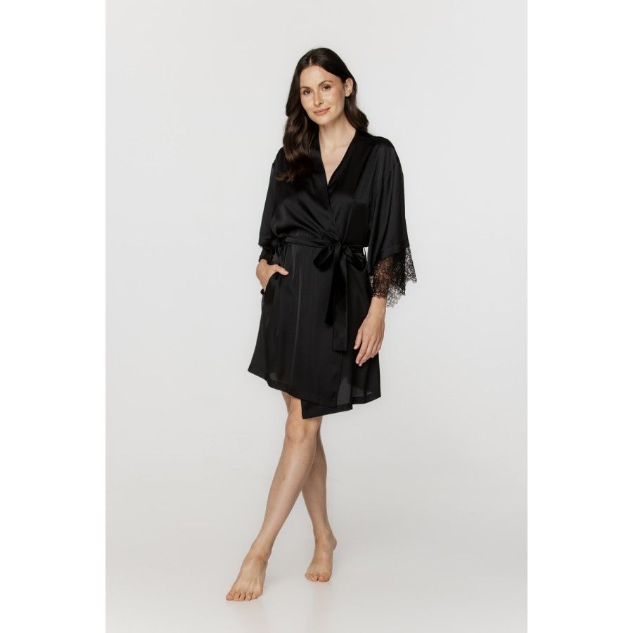 Ladies short dressing gown in soft satin, with three-quarter-length sleeves trimmed with black lace