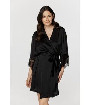 Ladies short dressing gown in soft satin, with three-quarter-length sleeves trimmed with black lace