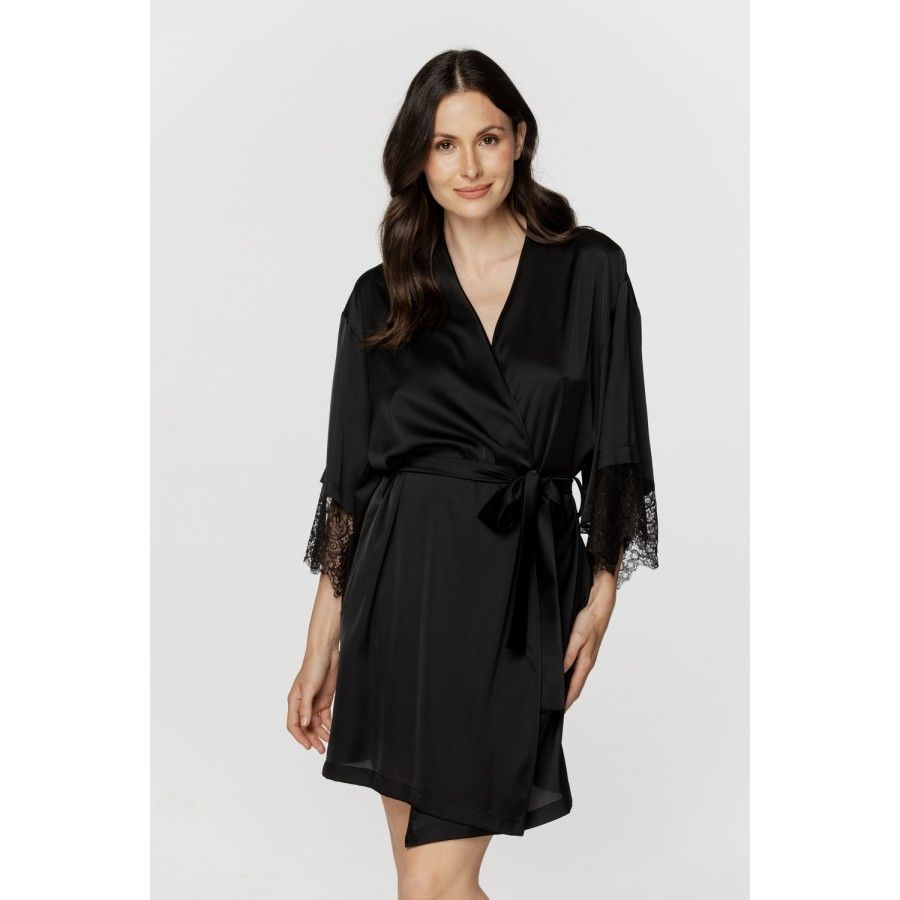 Ladies short dressing gown in soft satin, with three-quarter-length sleeves trimmed with black lace