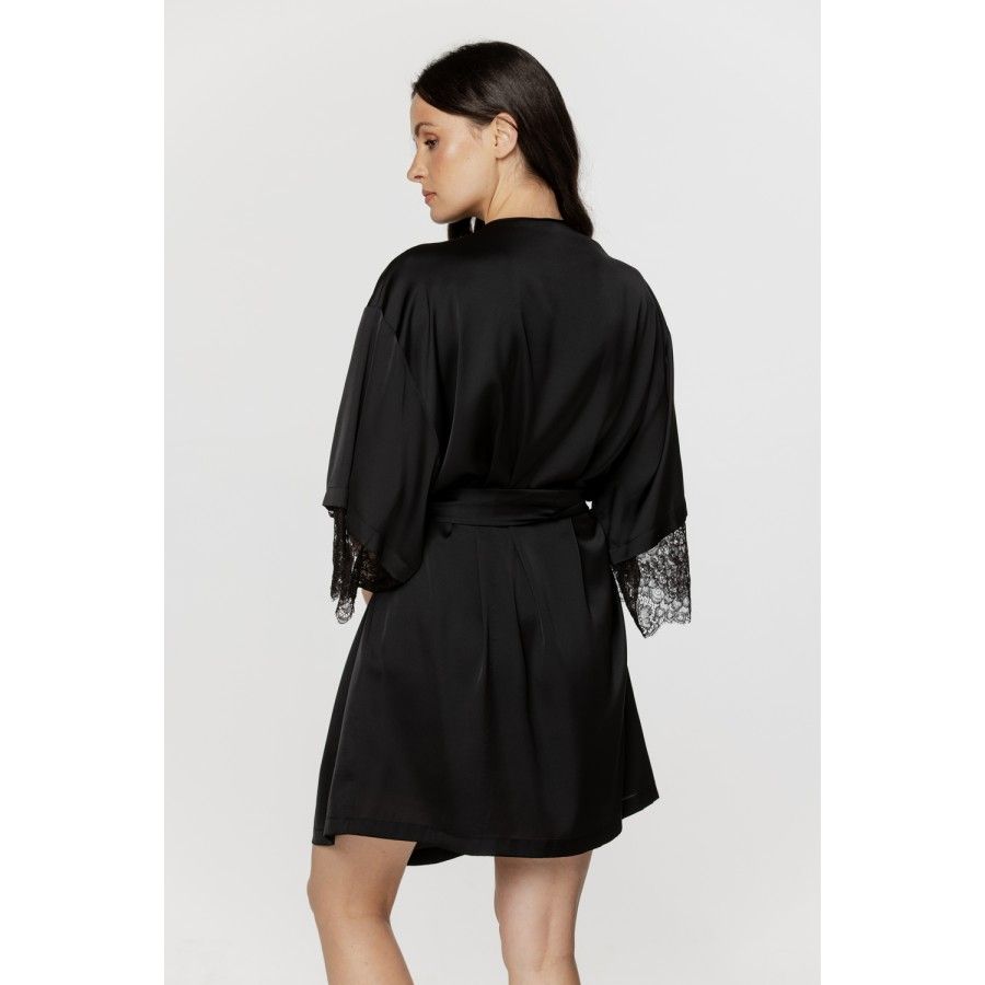 Ladies short dressing gown in soft satin, with three-quarter-length sleeves trimmed with black lace
