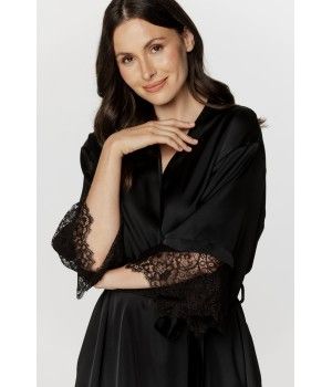 Ladies short dressing gown in soft satin, with three-quarter-length sleeves trimmed with black lace