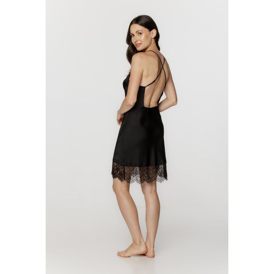 Ladies sexy negligee in soft black satin and lace, with thin straps and an open back