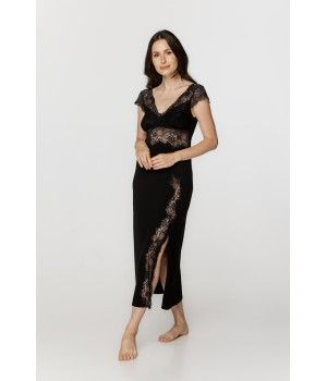 Longue chemise de nuit femme en micromodal et dentelle noire, manches courtes