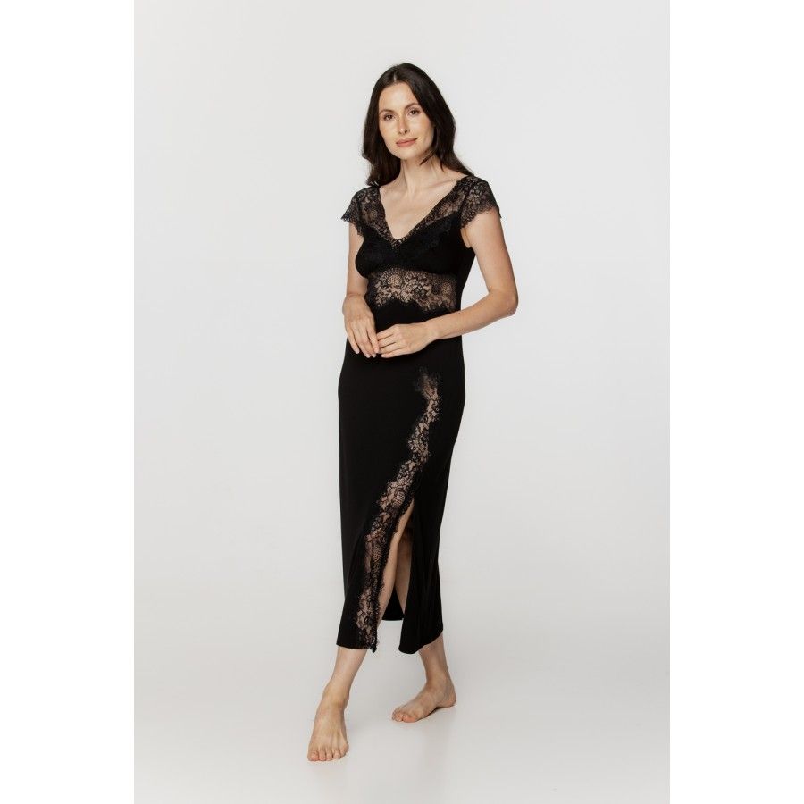 Ladies long nightdress in black micromodal and lace, with short sleeves Ladies long nightdress in black micromodal and lace, with short sleeves