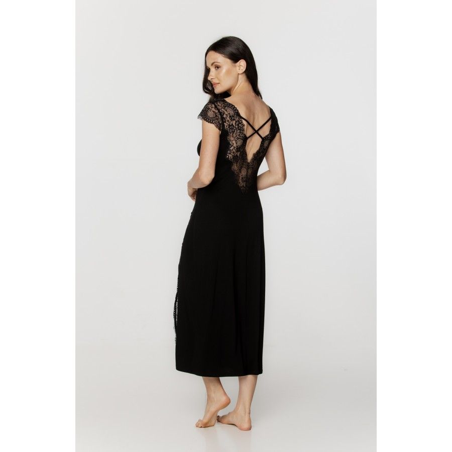 Ladies long nightdress in black micromodal and lace, with short sleeves