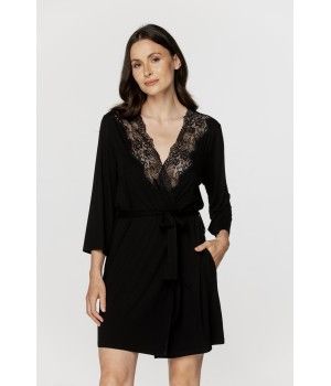 Ladies short and sexy dressing gown in black micromodal and lace