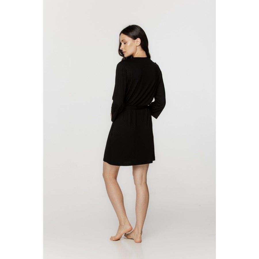 Ladies short and sexy dressing gown in black micromodal and lace