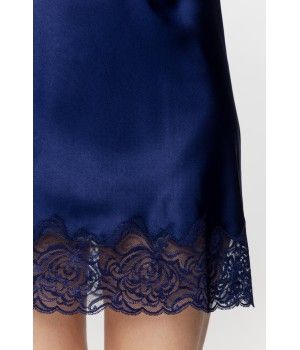 Ladies negligee in midnight blue satin and lace with thin straps