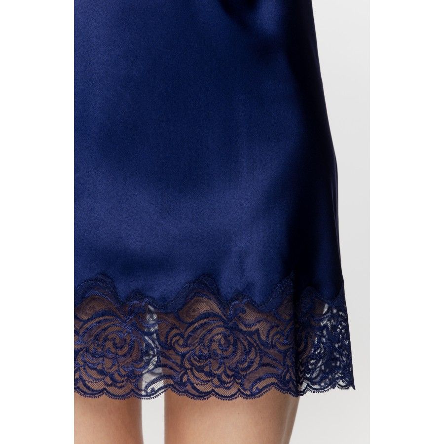 Ladies negligee in midnight blue satin and lace with thin straps