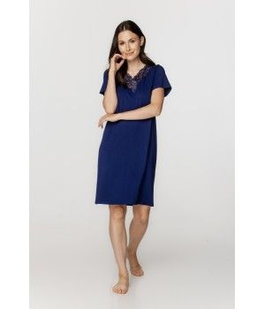 Chemise de nuit femme style tunique manches courtes en micromodal et dentelle bleu nuit