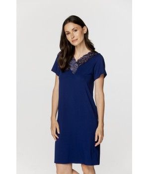 Chemise de nuit femme style tunique manches courtes en micromodal et dentelle bleu nuit