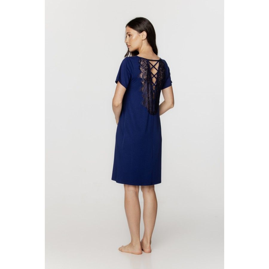 Chemise de nuit femme style tunique manches courtes en micromodal et dentelle bleu nuit