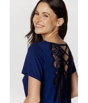 Chemise de nuit femme style tunique manches courtes en micromodal et dentelle bleu nuit