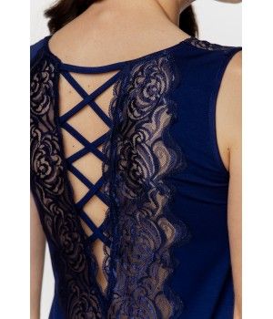 Ensemble de nuit en micromodal bleu nuit haut et short ornés de dentelle