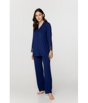 Ensemble pyjama femme en micromodal et elasthanne, encolure en soie bleu nuit