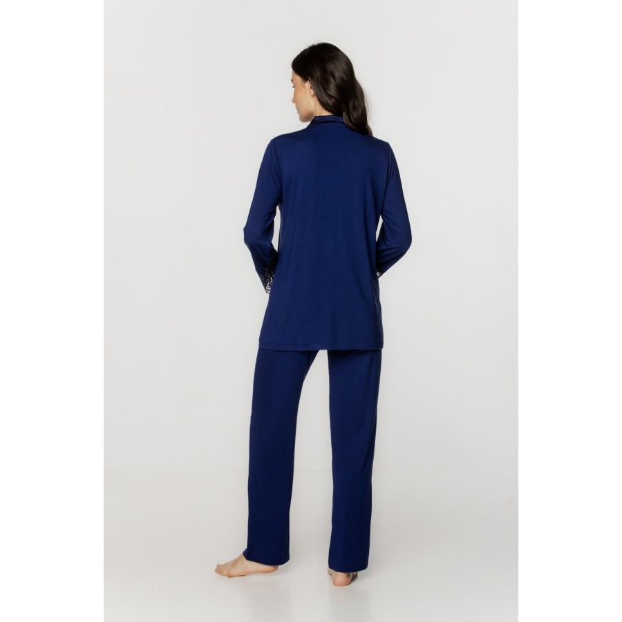 Ensemble pyjama femme en micromodal et elasthanne, encolure en soie bleu nuit