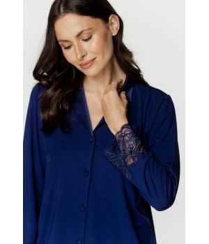 Ensemble pyjama femme en micromodal et elasthanne, encolure en soie bleu nuit