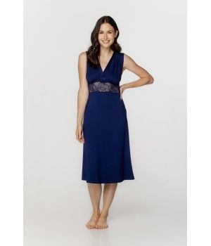 Chemise de nuit femme en micromodal et dentelle bleu nuit, larges bretelles et décolleté en V