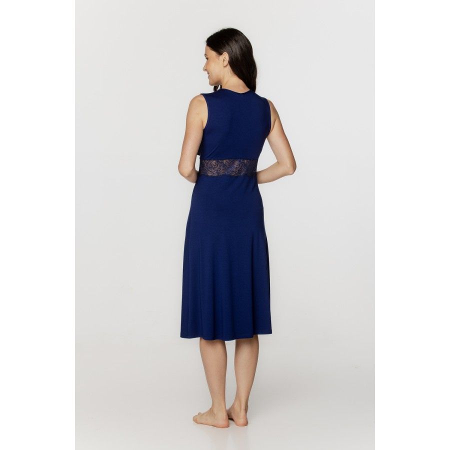 Chemise de nuit femme en micromodal et dentelle bleu nuit, larges bretelles et décolleté en V
