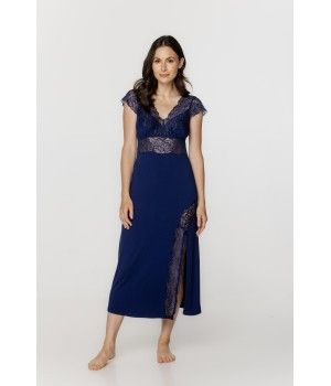 Chemise de nuit longue femme en micromodal et dentelle bleu nuit, manches courtes