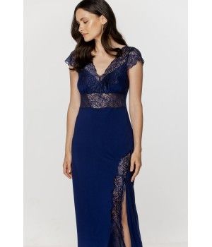 Chemise de nuit longue femme en micromodal et dentelle bleu nuit, manches courtes