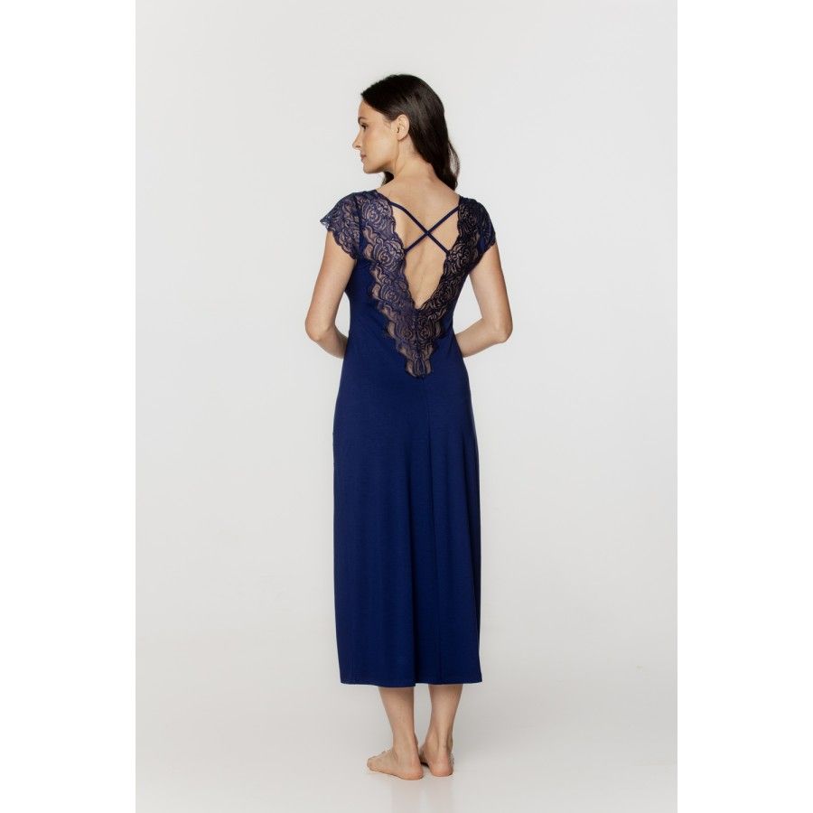 Chemise de nuit longue femme en micromodal et dentelle bleu nuit, manches courtes