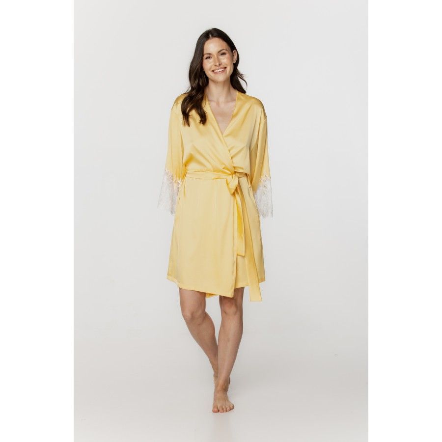 Ladies short dressing gown in chick-yellow satin and lace