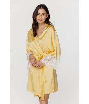 Ladies short dressing gown in chick-yellow satin and lace