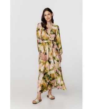 Maxi déshabillé femme en viscose et soie imprimé tons de rose et kaki