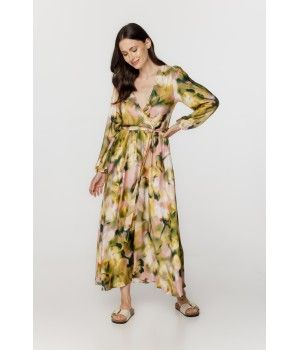 Maxi déshabillé femme en viscose et soie imprimé tons de rose et kaki