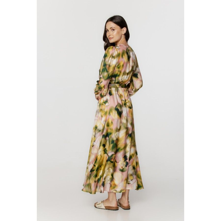 Maxi déshabillé femme en viscose et soie imprimé tons de rose et kaki