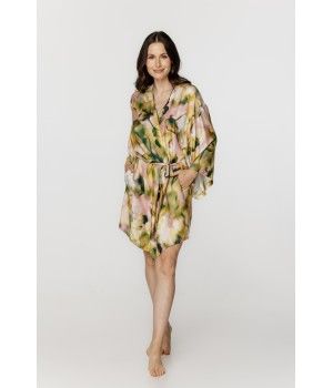 Ladies viscose and silk short dressing gown, printed in shades of pink and khaki