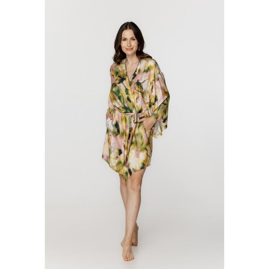 Für Damen: Kurzer Kimono aus Viskose und Seide mit rosa- und kakifarbenem Print 1 - www.coemi-lingerie.com 