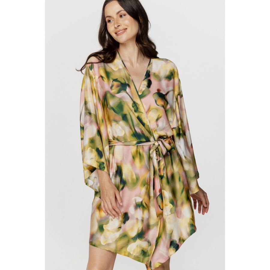 Für Damen: Kurzer Kimono aus Viskose und Seide mit rosa- und kakifarbenem Print 2 - www.coemi-lingerie.com 