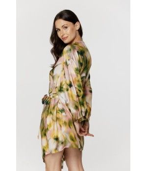 Ladies viscose and silk short dressing gown, printed in shades of pink and khaki