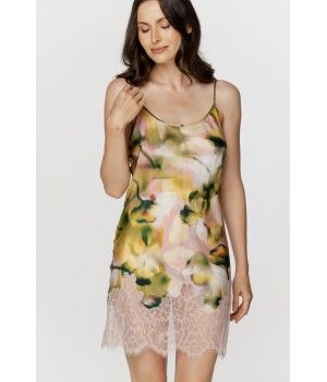 Nuisette femme en viscose et soie imprimé tons de rose et kaki, dentelle rose