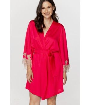 Ladies silky satin, short dressing gown in a shade of pink watermelon with beige-pink lace