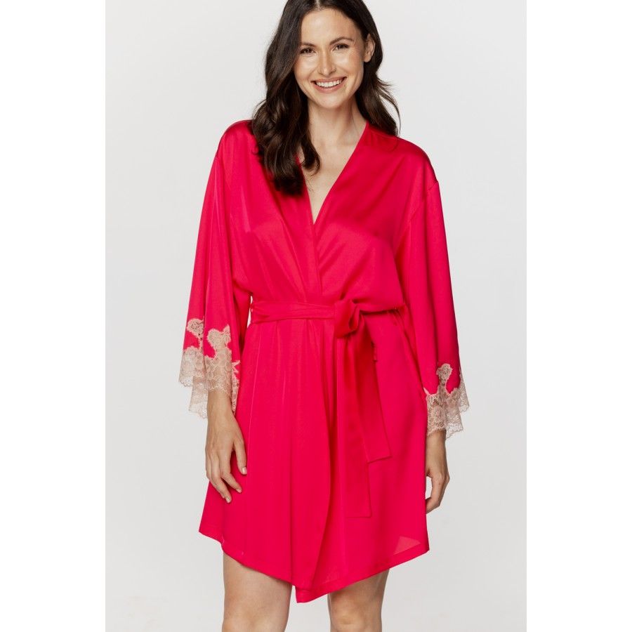 Ladies silky satin, short dressing gown in a shade of pink watermelon with beige-pink lace