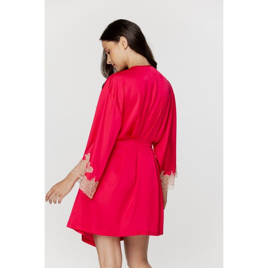 Ladies silky satin, short dressing gown in a shade of pink watermelon with beige-pink lace