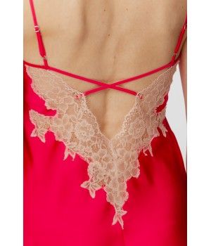 Nuisette femme en satin couleur pastèque et dentelle rose beige