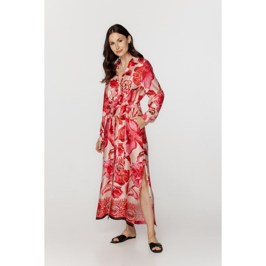 Für Damen: Oversize-Nachthemd/Hauskleid aus Viskose mit Blumenmuster in Rottönen