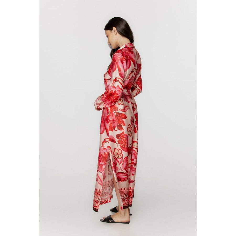 Für Damen: Oversize-Nachthemd/Hauskleid aus Viskose mit Blumenmuster in Rottönen